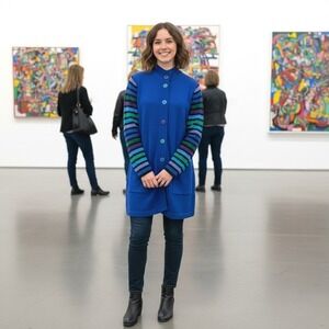 Bob Mackie Wearable Art Royal Blue Striped Sleeve Cardigan Sweater Size S Artsy